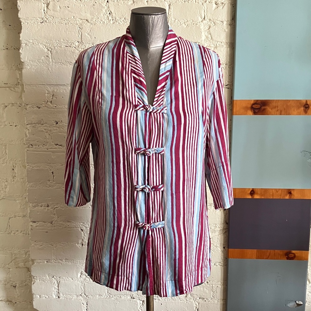 Kerry Cassill Striped Cotton Tunic Top in Burgundy and Light Blue size 2 medium